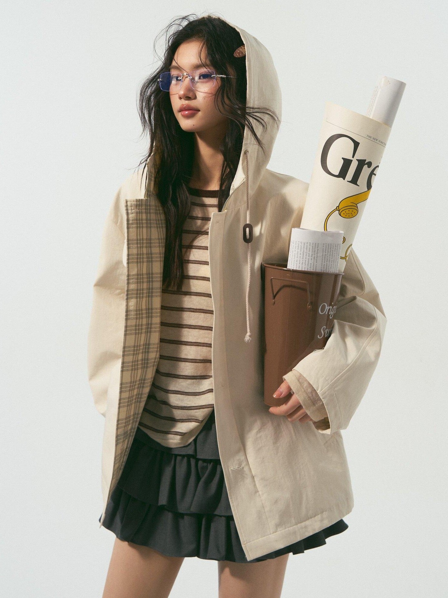 SOMESOWE Versatile Hooded Mid Length Loose Fit Women Plaid Polyester Jackets