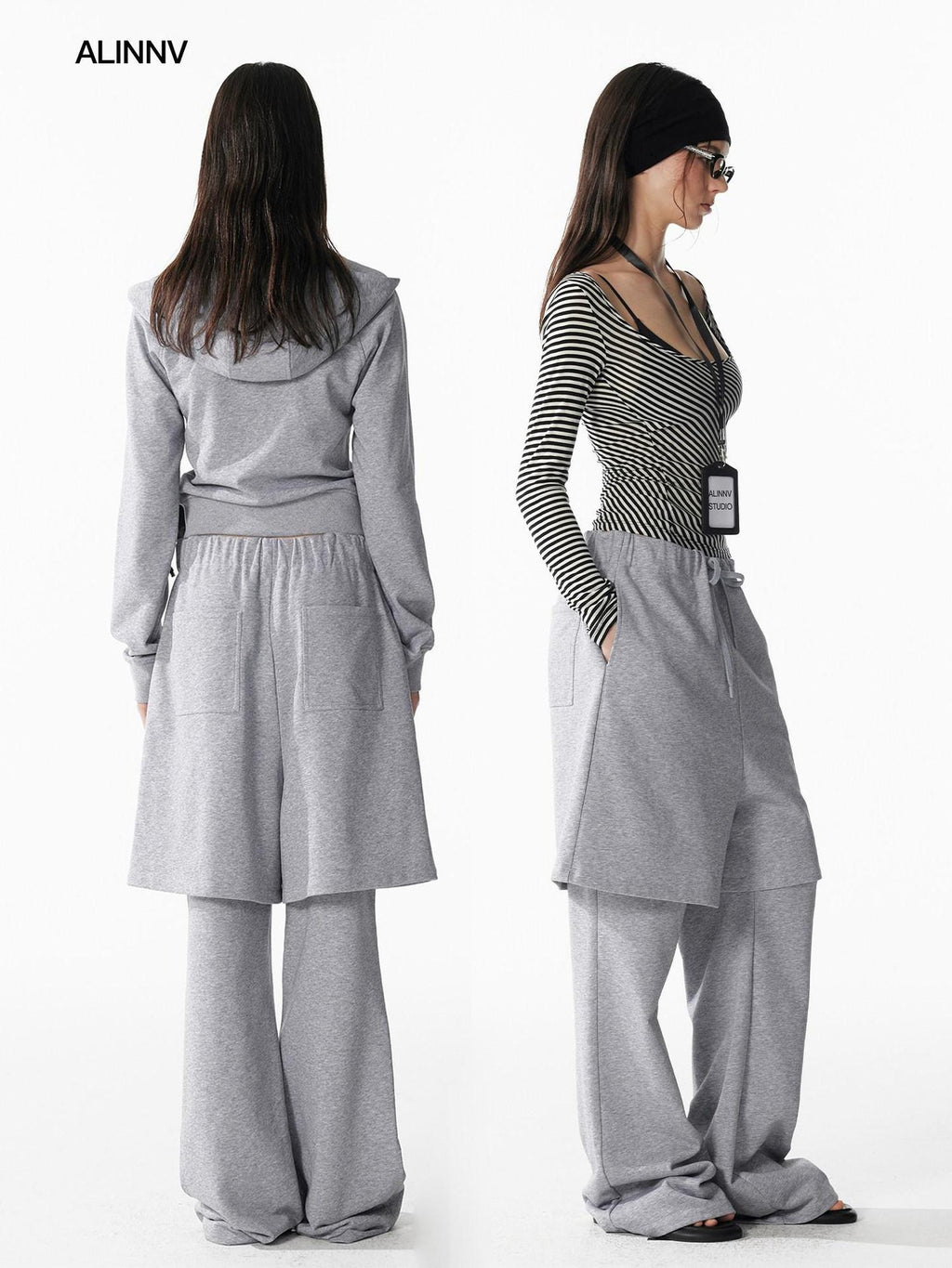 ALINNVSTUDIO Cozy Drawstring Layered Faux Two Piece Relaxed Low Rise Teen Casual Sweatpants