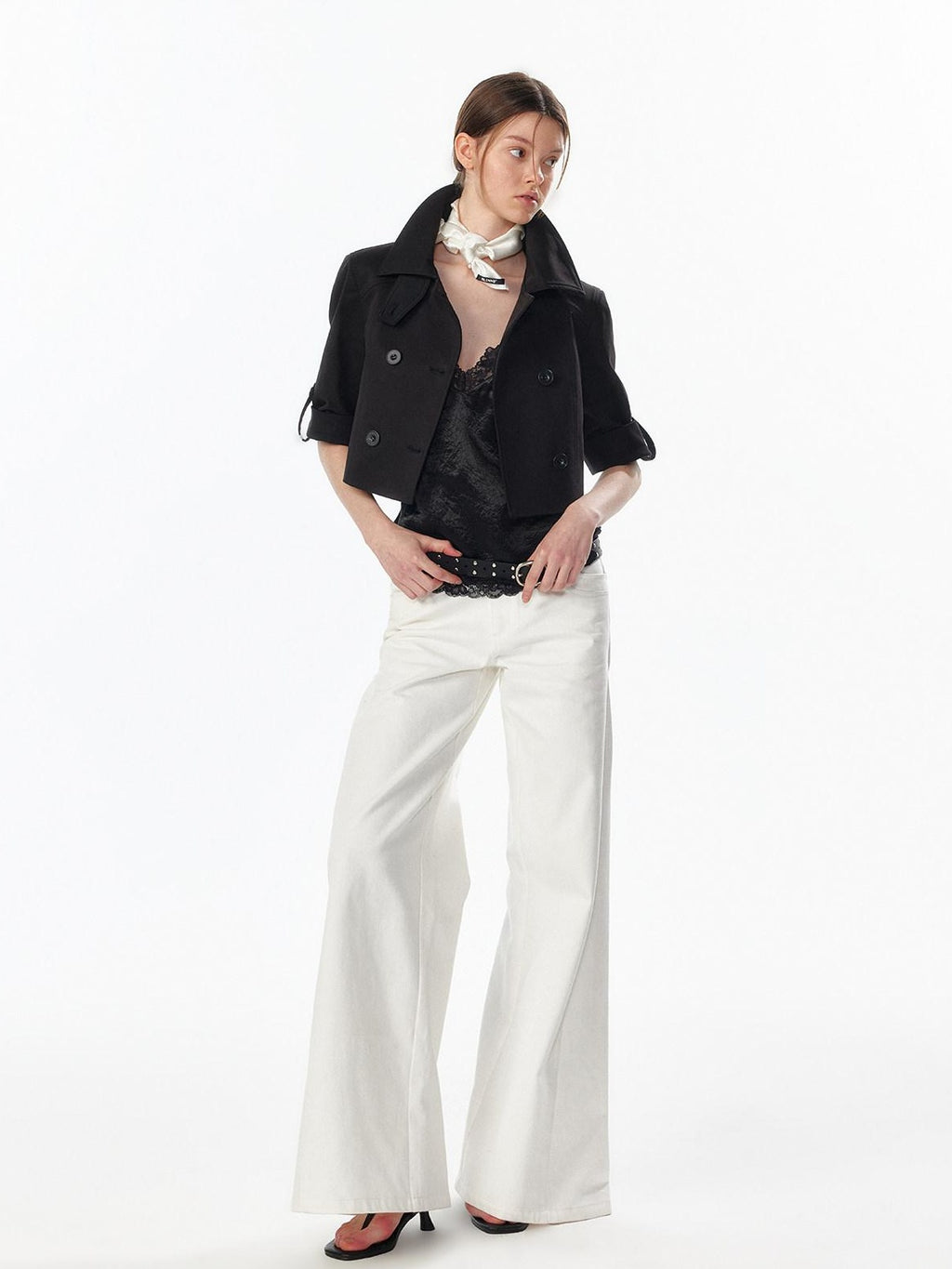 ALINNVSTUDIO Casual High Waist Double Breasted Cropped Black Cotton Blend Women Trench Coats
