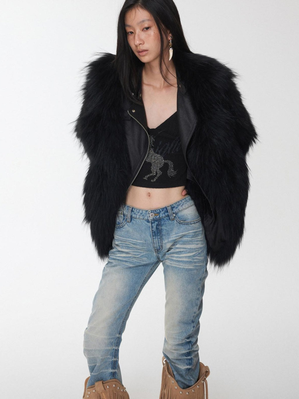 1JINN STUDIO Cozy Woven Cropped Cinched Waist Lapel Long Sleeve Young Women Faux Fur Coats