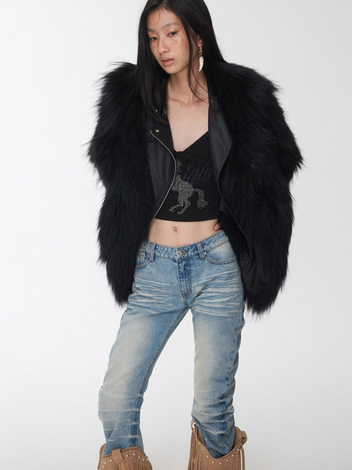 1JINN STUDIO Cozy Woven Cropped Cinched Waist Lapel Long Sleeve Young Women Faux Fur Coats