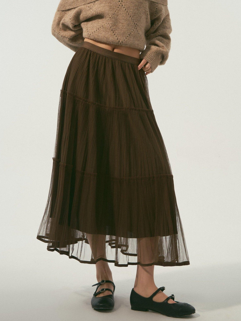 SOMESOWE Lined Pleated Ruffle Hem Casual Loose Fit Mid Waist Polyester Maxi Skirts