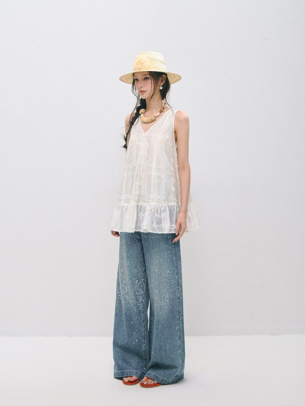 SOMESOWE Ruffled A Line Loose Fit Casual Round Neck Sleeveless Women Tank Tops