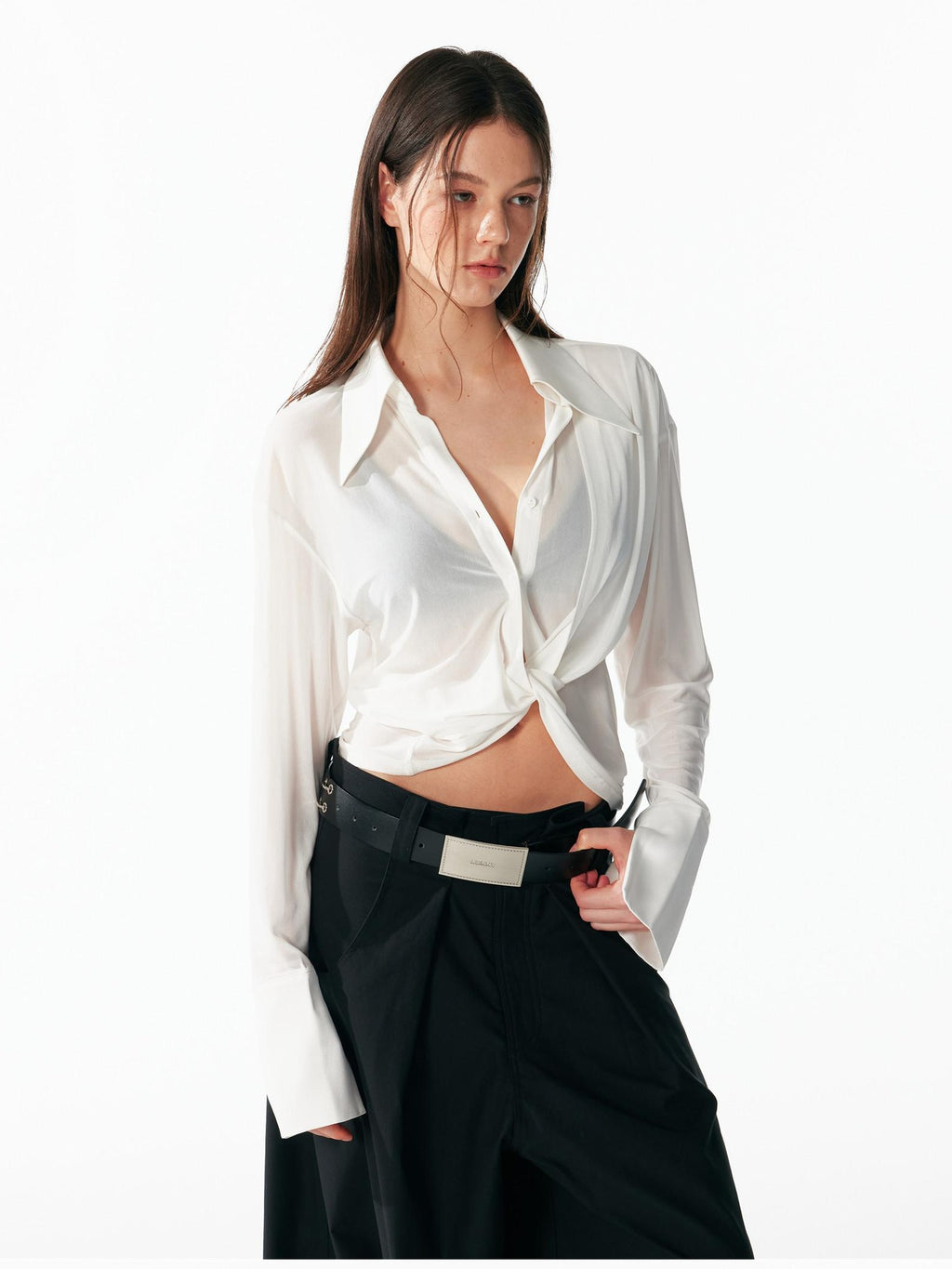 ALINNVSTUDIO Cooling Lightweight Breathable Asymmetric V-neck Slim Fit Open Front Women Blouses