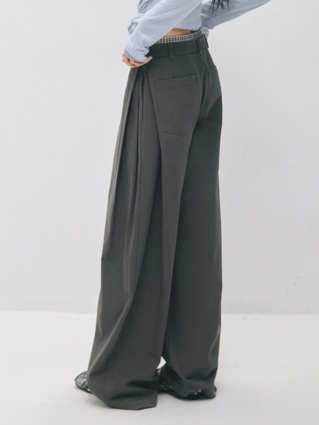 SOMESOWE Drawstring Pocket Relaxed Natural Waist Women Solid Khaki Grey Wide Leg Pants