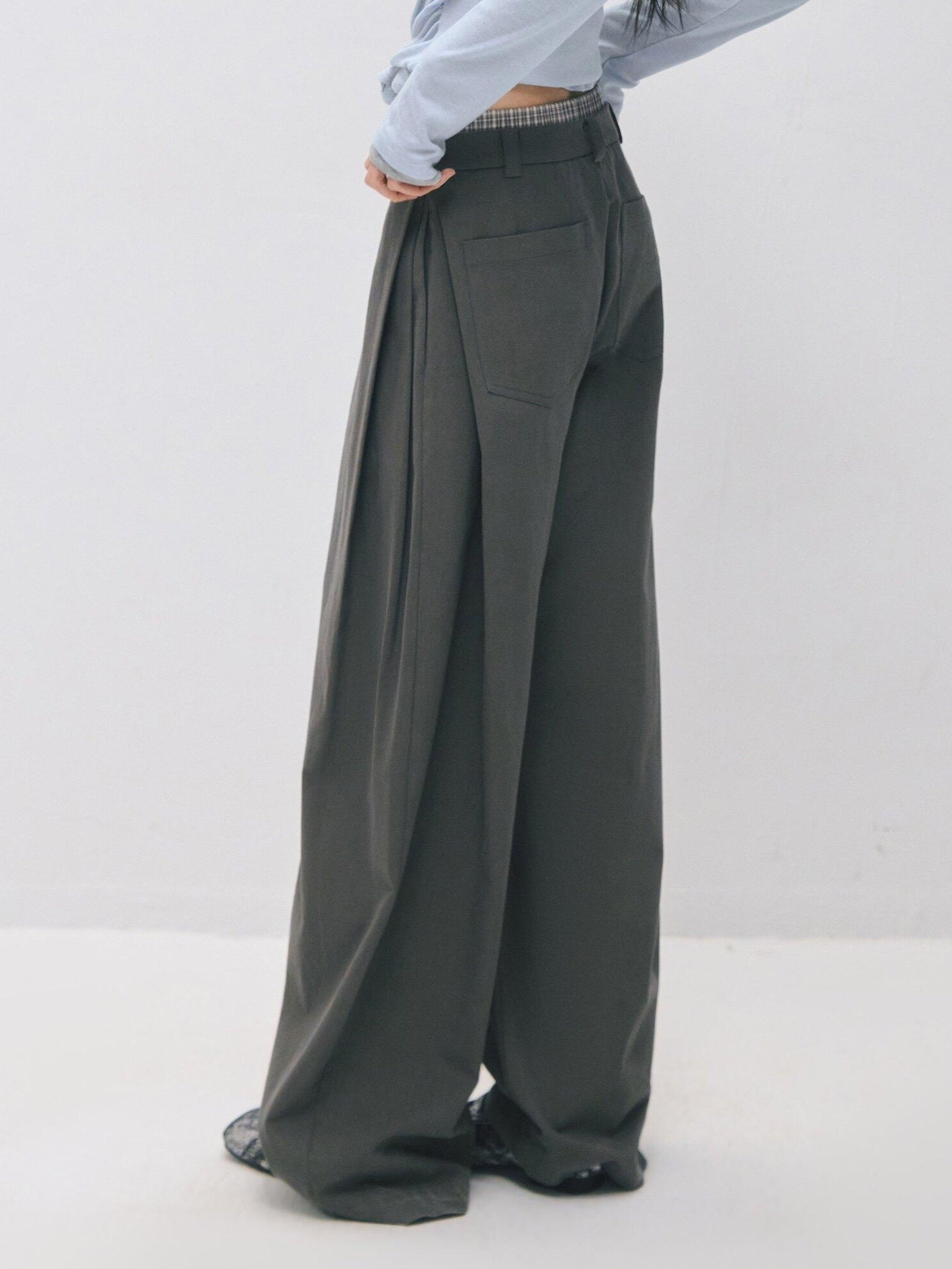 SOMESOWE Drawstring Pocket Relaxed Natural Waist Women Solid Khaki Grey Wide Leg Pants