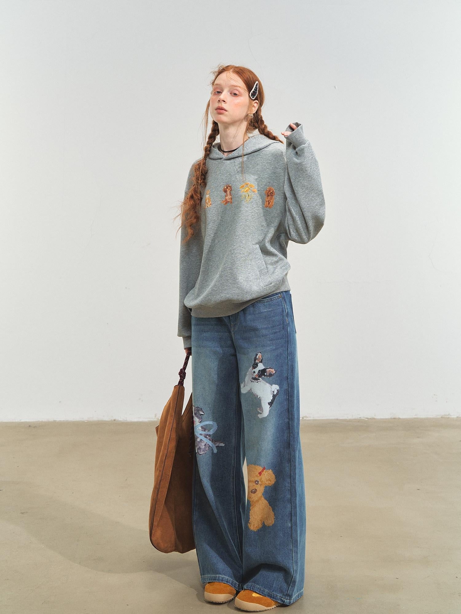 SOMESOWE Cartoon Blue Cotton Natural Waist Pocket Slight Stretch Women Wide Leg Jeans
