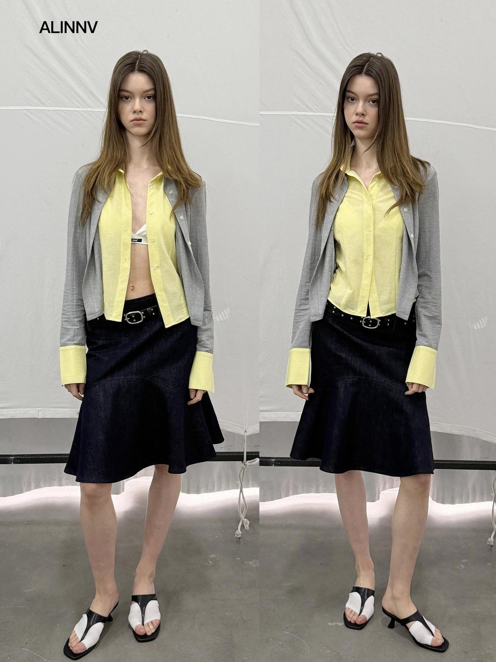 ALINNVSTUDIO Colorblock Faux Layered Slim Waist Cropped Cardigan Longsleeve Womens Shirts