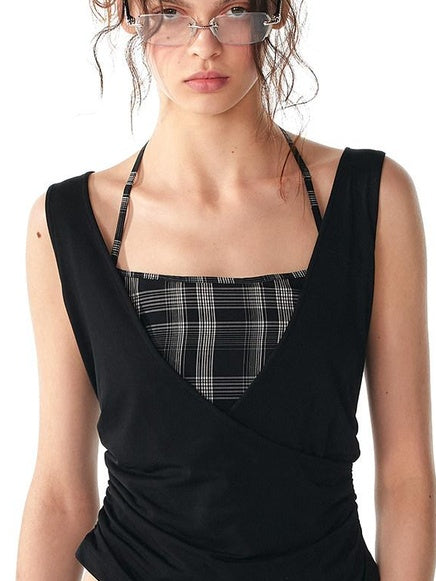ALINNVSTUDIO Original Patchwork Design Slim Fit Modal Stretch Strappy Youth Black Tank Tops