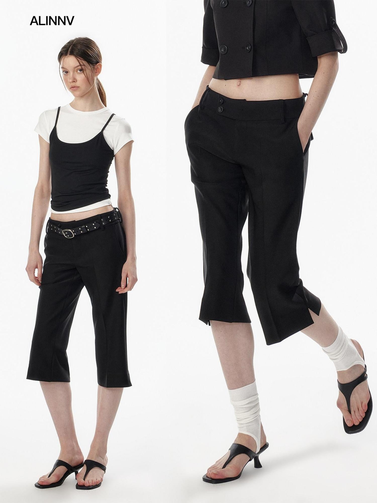 ALINNVSTUDIO Low Waist Button Detail Slim Side Slit Womens Polyester Mid-Length Shorts