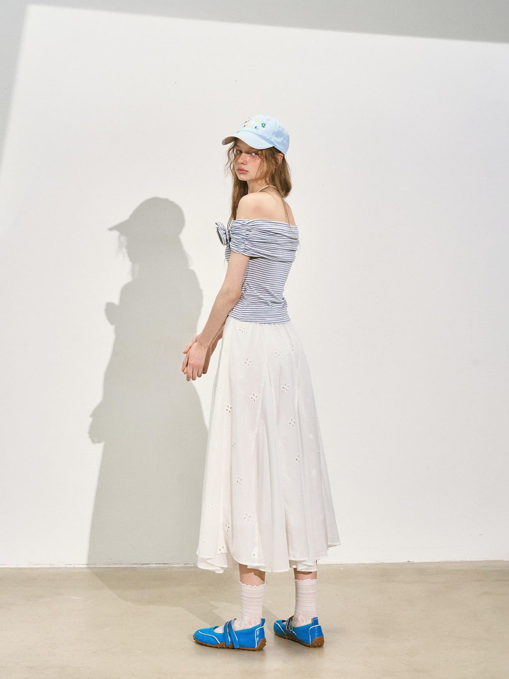 SOMESOWE Stretch Cotton Slim Cropped Bardot Blue White Striped Short Sleeve T-Shirts
