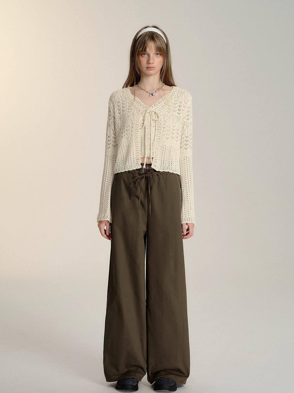 SOMESOWE Minimalist Double Waist Drawstring Natural Waist Office Women Wide Leg Pants