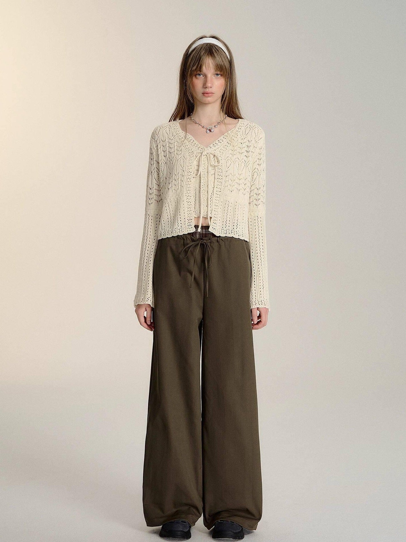 SOMESOWE Minimalist Double Waist Drawstring Natural Waist Office Women Wide Leg Pants