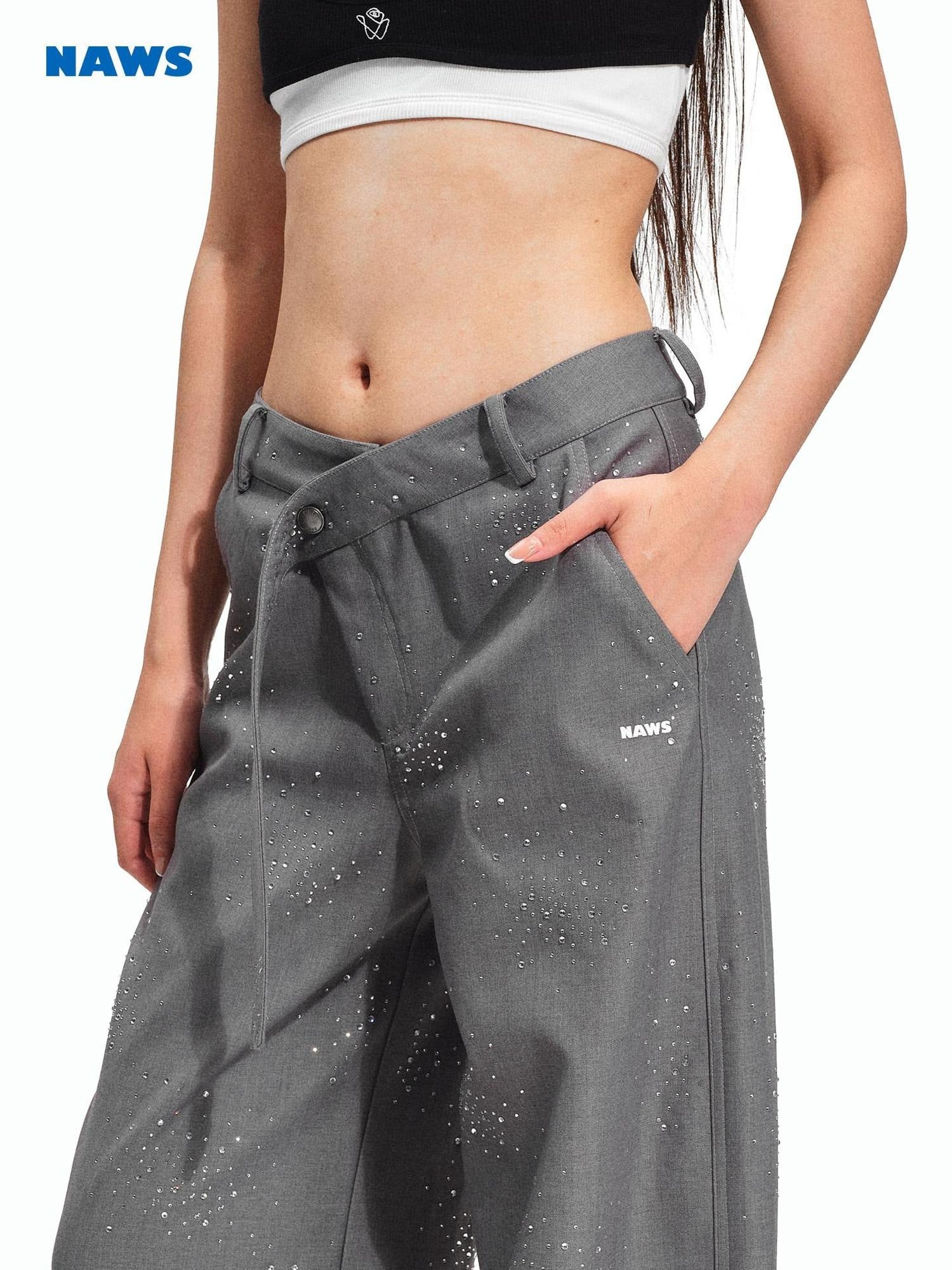 NAWSNOTAWEAR Rhinestone Low Rise Relaxed Women Button Closure Mist Gray Wide Leg Pants