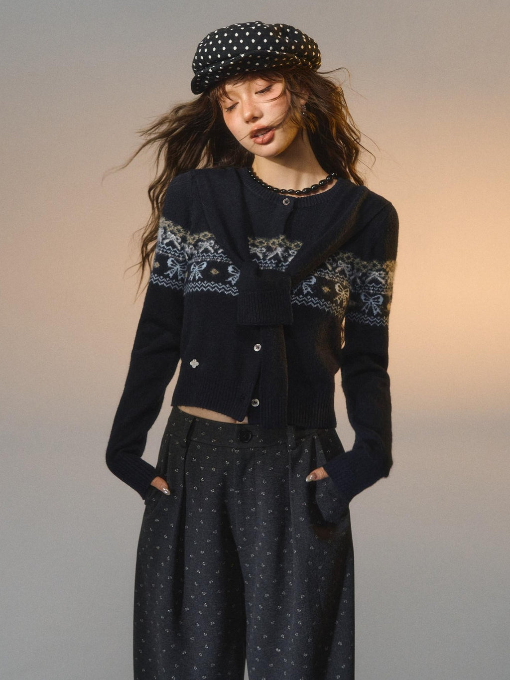 SOMESOWE Minimal Commuter V-neck Button Bow Detail Layered Look Women Navy Knit Cardigans