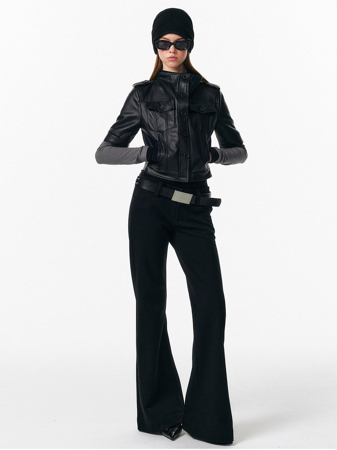 ALINNVSTUDIO Sleek Pu Slim Fit Cropped Short Sleeve Stand Collar Women Leather Jackets