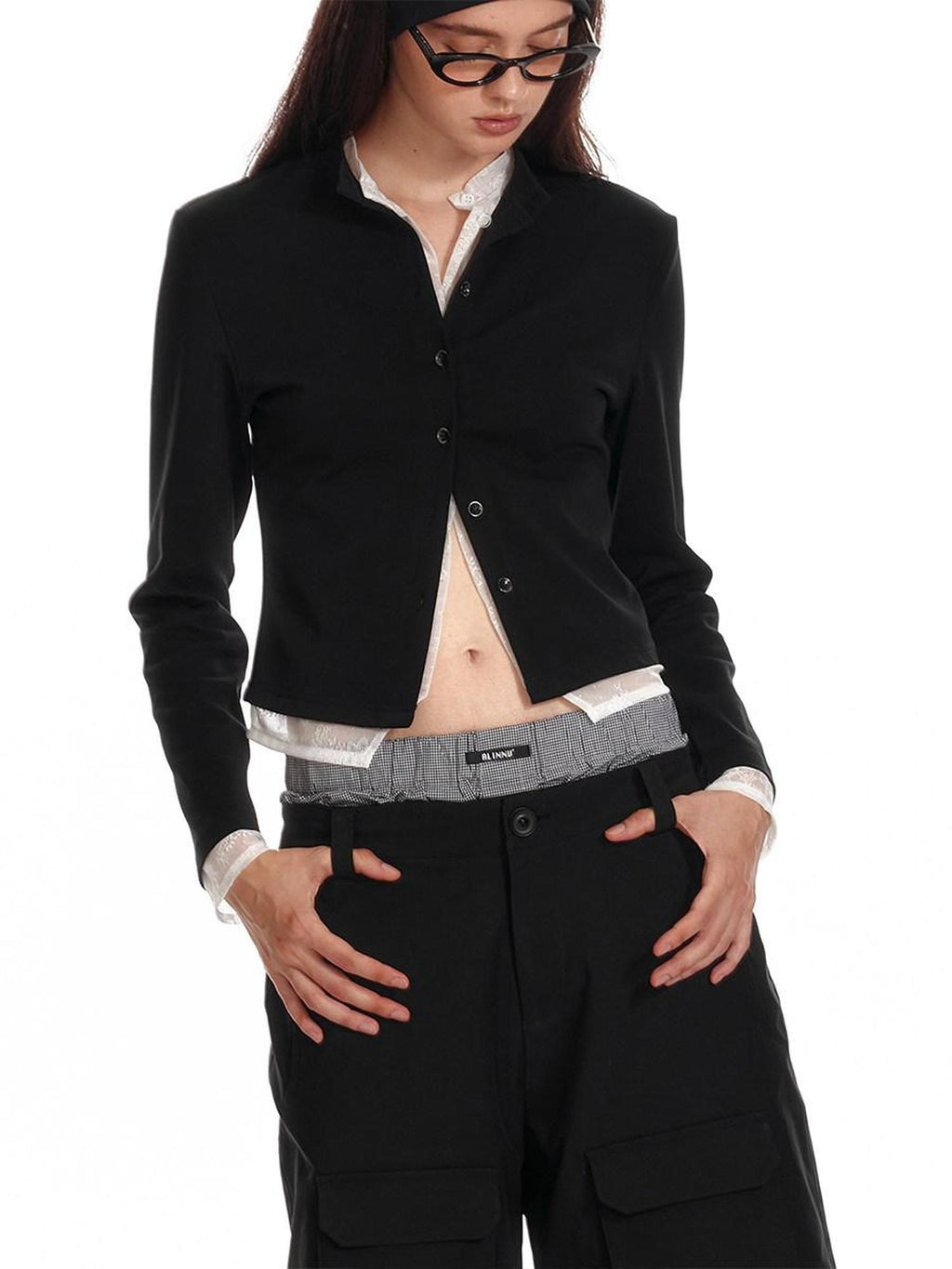 ALINNVSTUDIO Minimalist Stand Collar Long Sleeve Slim Fit Black Solid Casual Shirts
