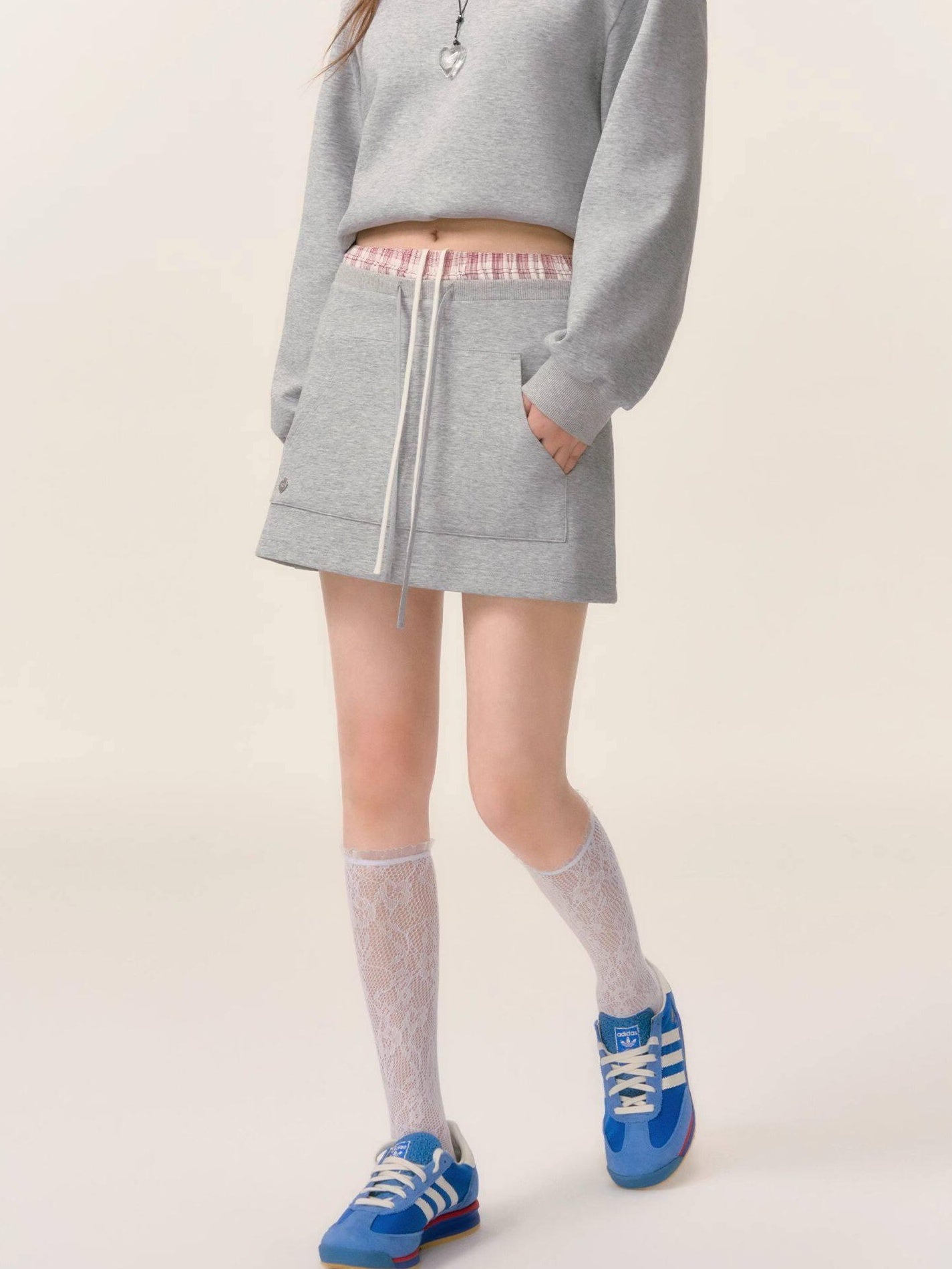 SOMESOWE Cotton Crew Long Sleeve Casual Mini Skirt Women Gray Navy Top & Skirt Sets