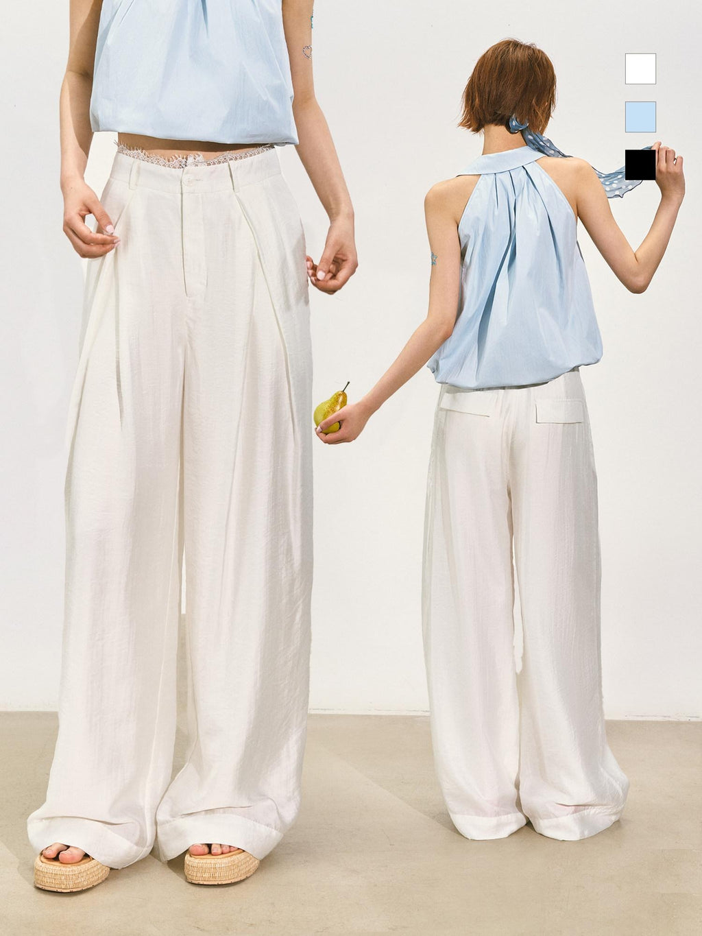 SOMESOWE Pleated Natural Waist Button Fly Women Regenerated Cellulose Straight Pants