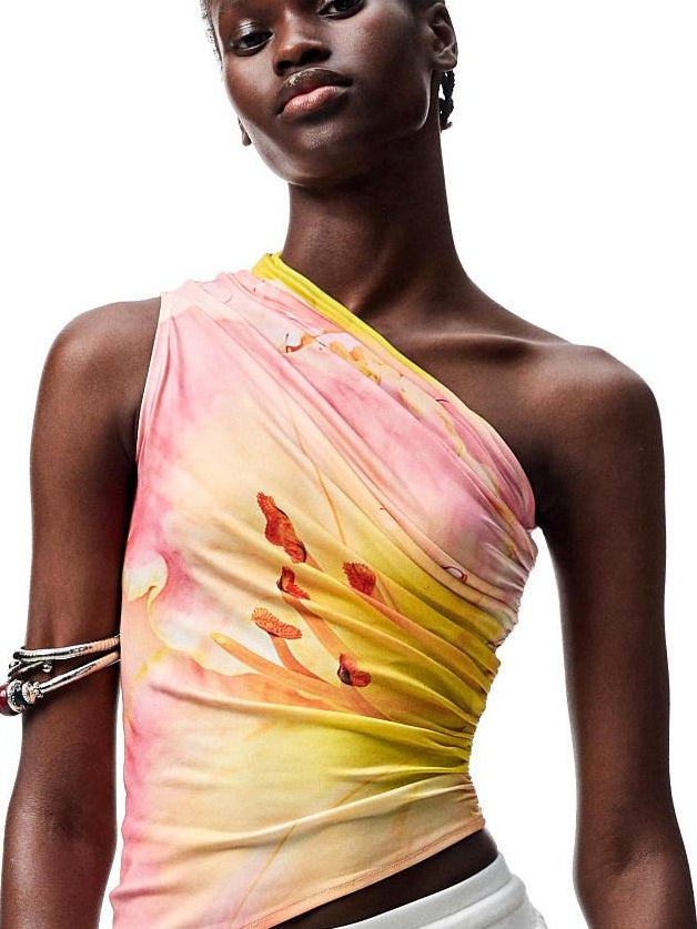 1JINN STUDIO Floral Print One Shoulder Slim Fit Street Women Polyester Stretch Tank Tops