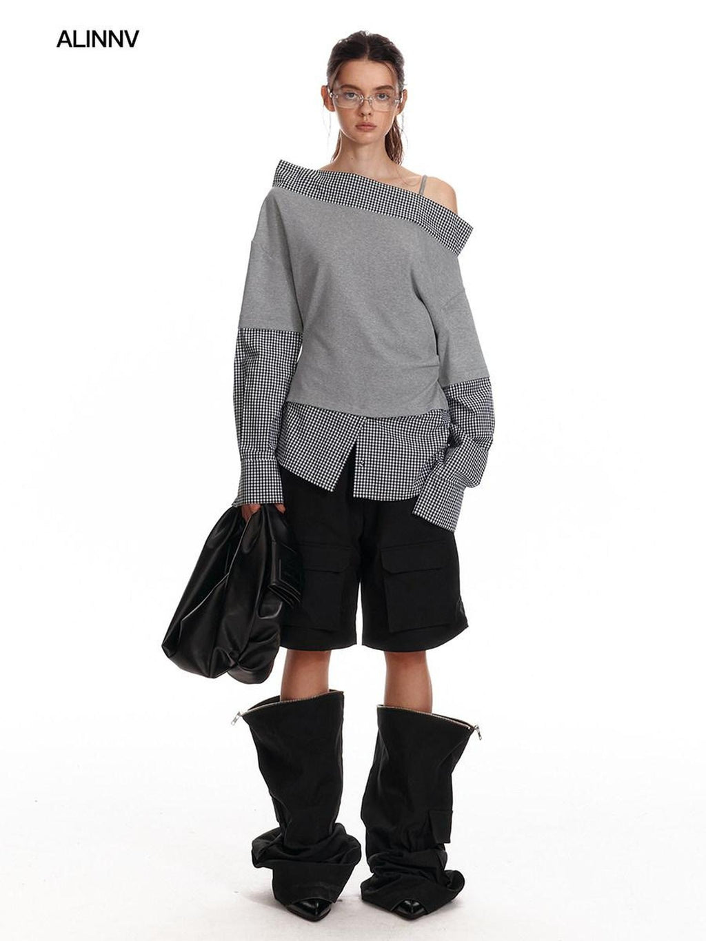 ALINNVSTUDIO Original Loose Slant Collar Cotton Stretch Pullover Women Long Sleeve T-Shirts