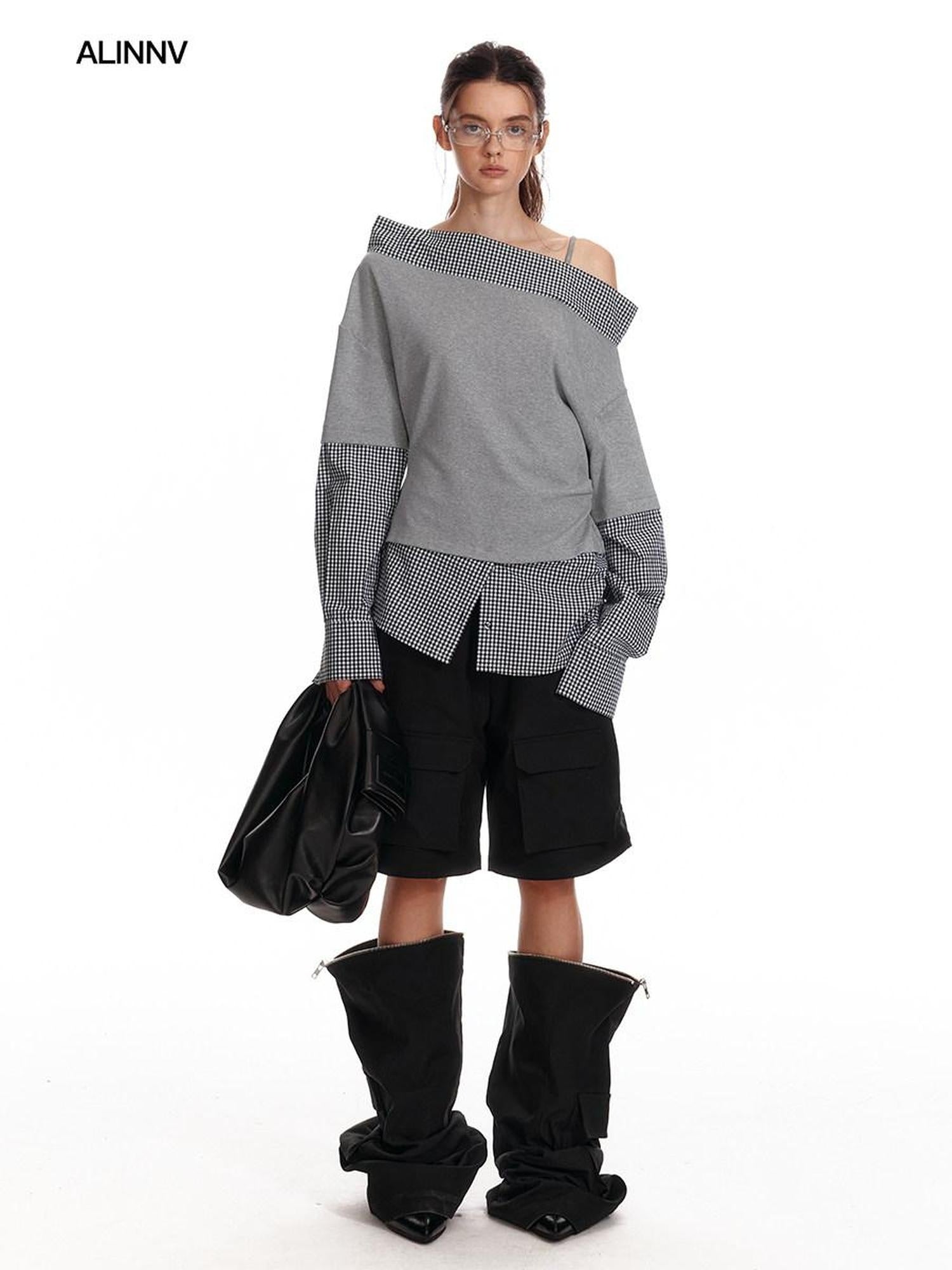 ALINNVSTUDIO Original Loose Slant Collar Cotton Stretch Pullover Women Long Sleeve T-Shirts