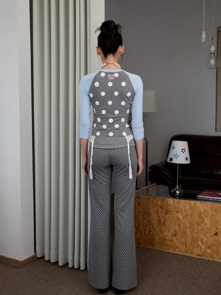 1JINN STUDIO Soft Stretch Viscose Slim Fit Cross Polka Patchwork Women Long Sleeve T-Shirts