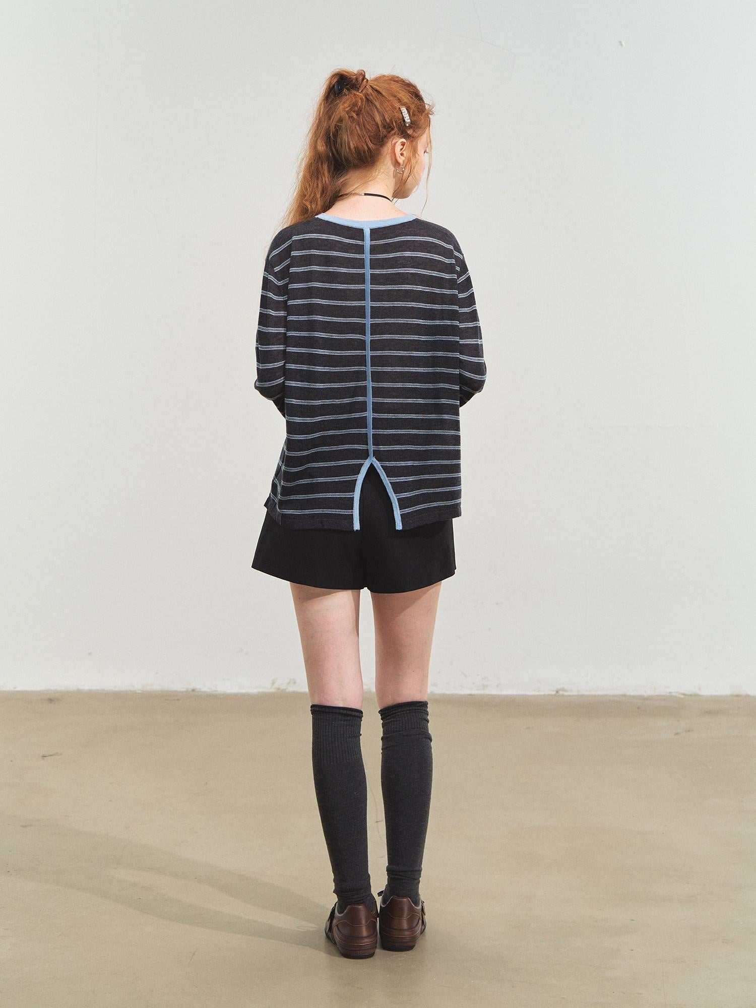 SOMESOWE Acrylic Knit Casual Slim Fit Striped Crew Neck Women Long Sleeve T-Shirts