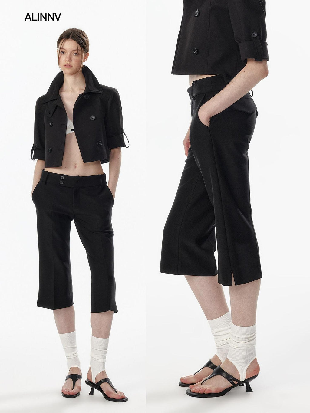 ALINNVSTUDIO Low Waist Button Detail Slim Side Slit Womens Polyester Mid-Length Shorts