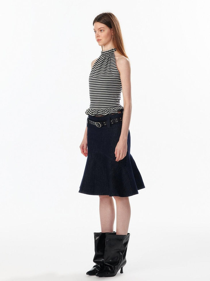 ALINNVSTUDIO Lined Wide Waistband Fishtail Mermaid Back Zipper Women Black Denim Midi Skirts