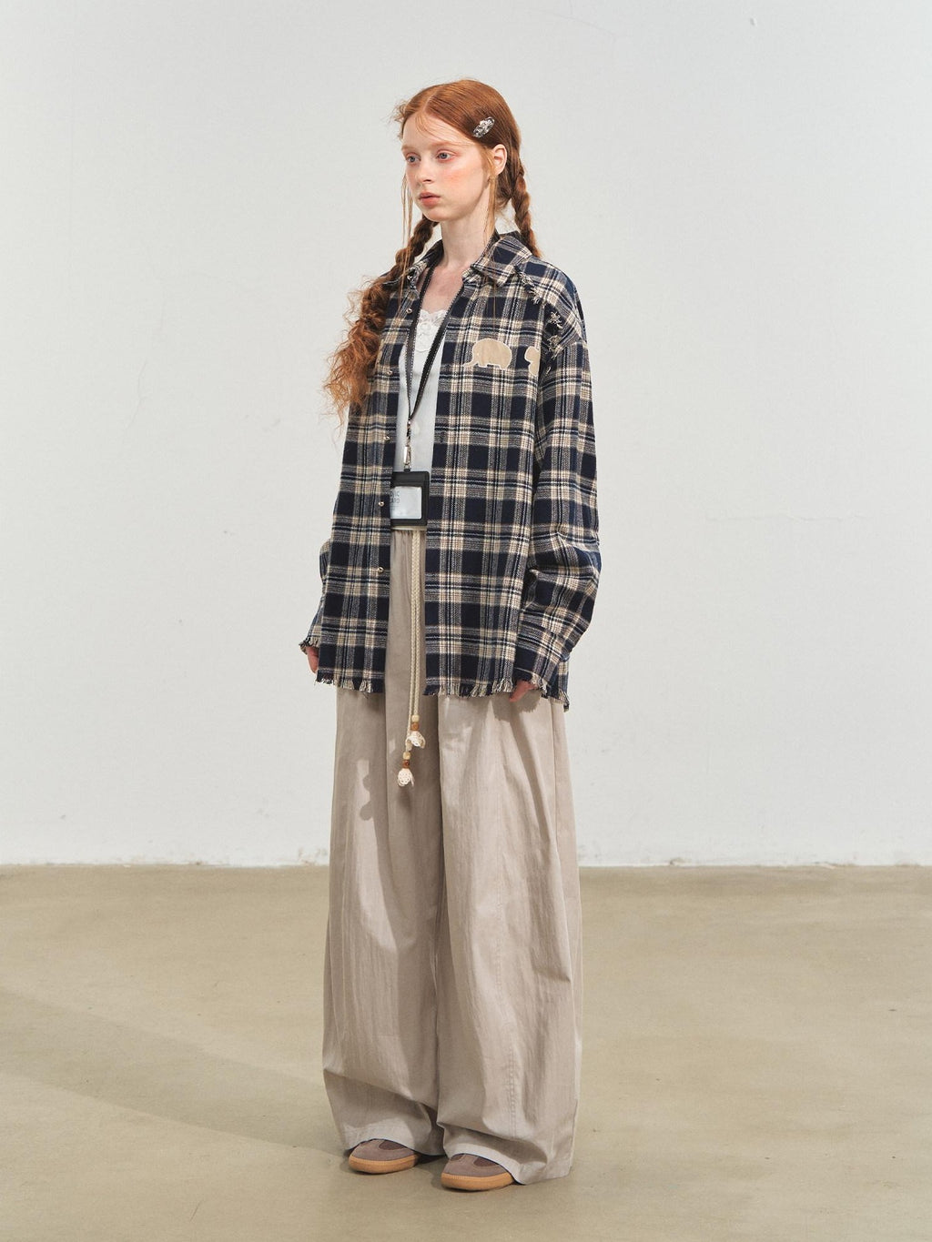 SOMESOWE Durable Fringe Plaid Loose Polo Collar Long Sleeve Women Wool Shirts
