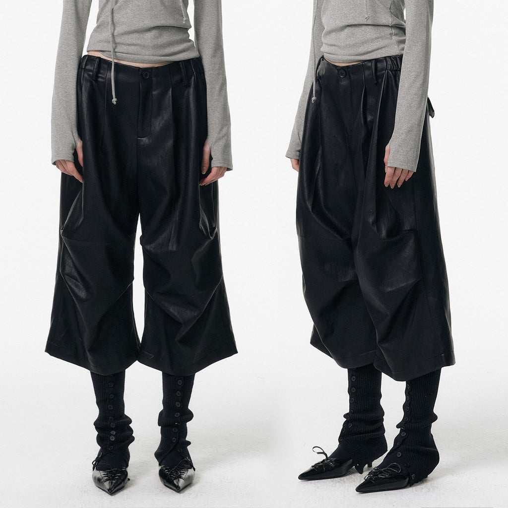 ALINNVSTUDIO_Pu_Pleated_Low_Waist_Button_Fly_Irregular_Fold_Casual_Women_Black_Wide_Leg_Pants_MISSTT