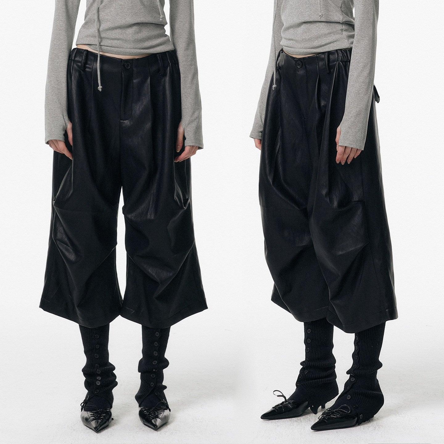 ALINNVSTUDIO_Pu_Pleated_Low_Waist_Button_Fly_Irregular_Fold_Casual_Women_Black_Wide_Leg_Pants_MISSTT