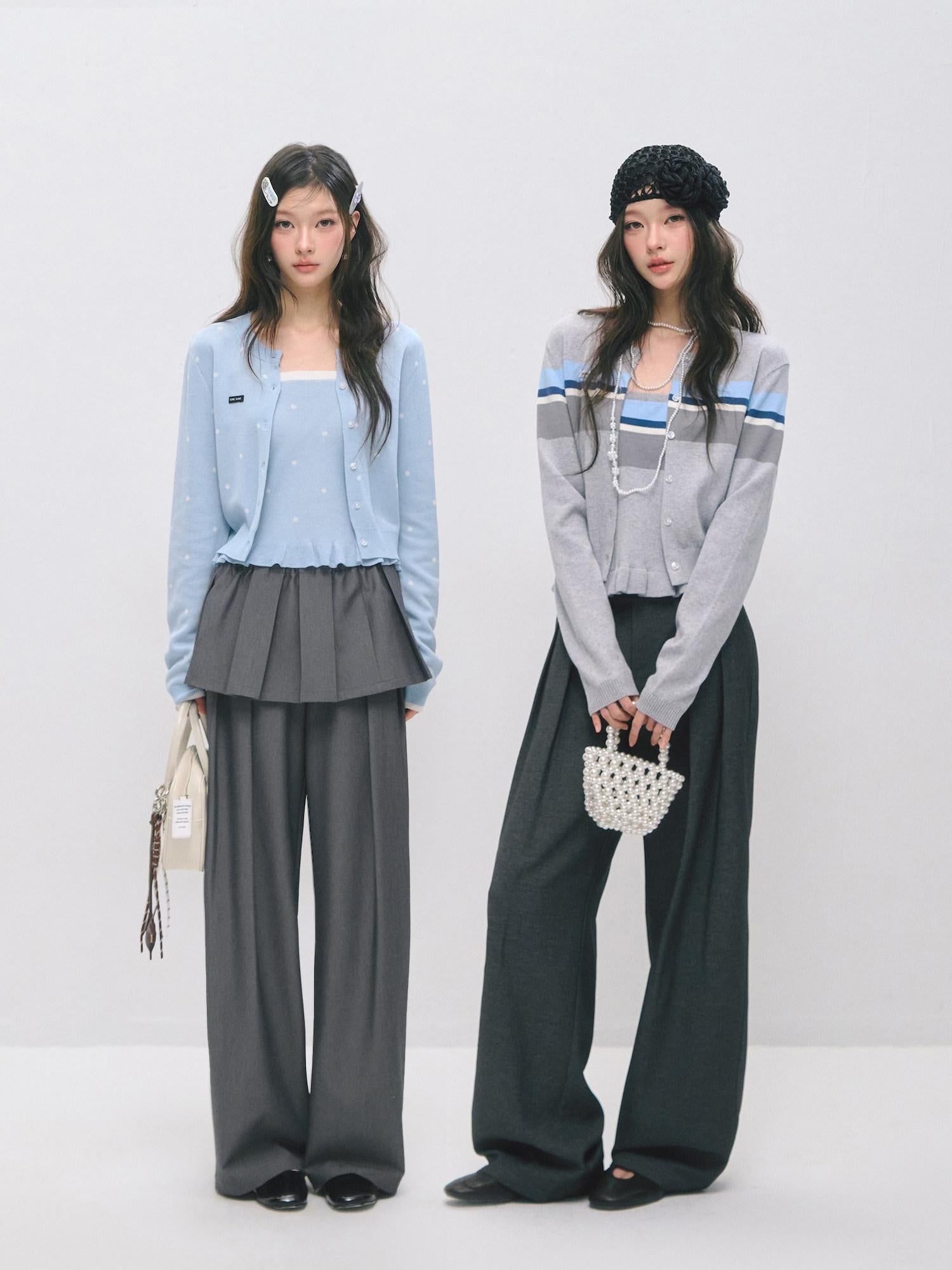 SOMESOWE Ruffle Collared Cardigan Long Sleeve Loose Fit Women Blue Top & Skirt Sets
