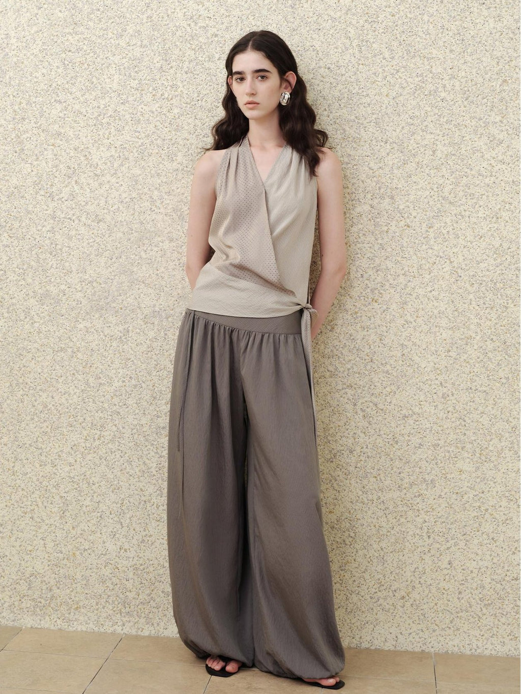 someonesometimes Soft Modal Loose Lantern Natural Waist Button Smoky Grey Wide Leg Pants