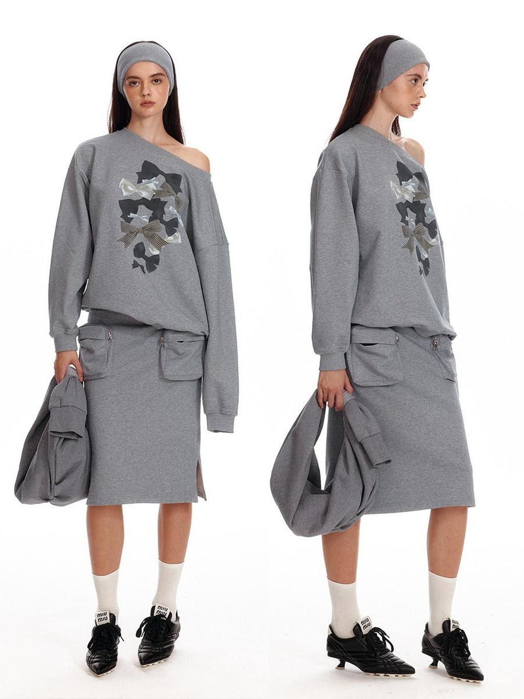 ALINNVSTUDIO Bow Accent Loose Fit Office Round Neck Women White And Gray Sweatshirt