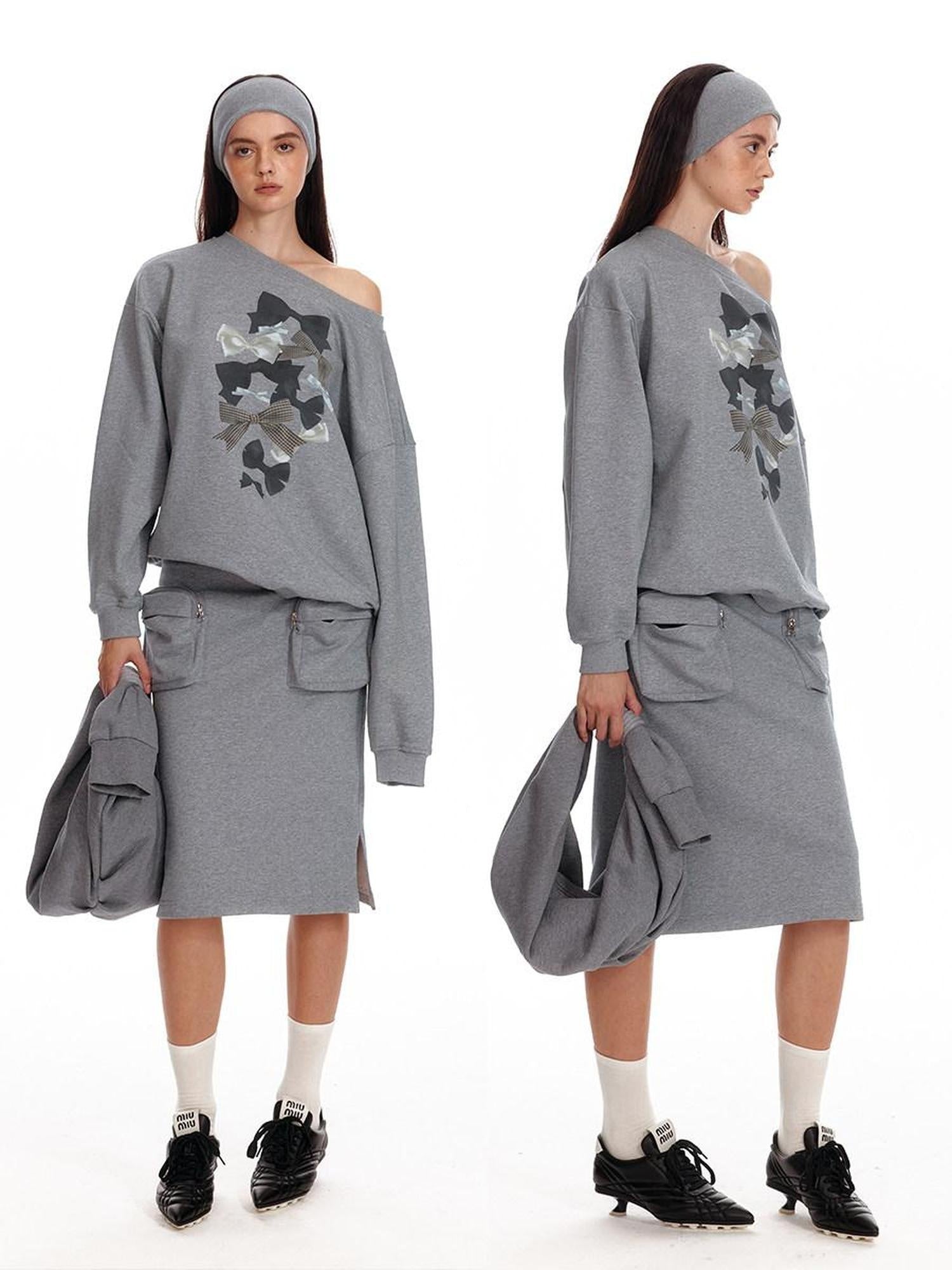 ALINNVSTUDIO Bow Accent Loose Fit Office Round Neck Women White And Gray Sweatshirt