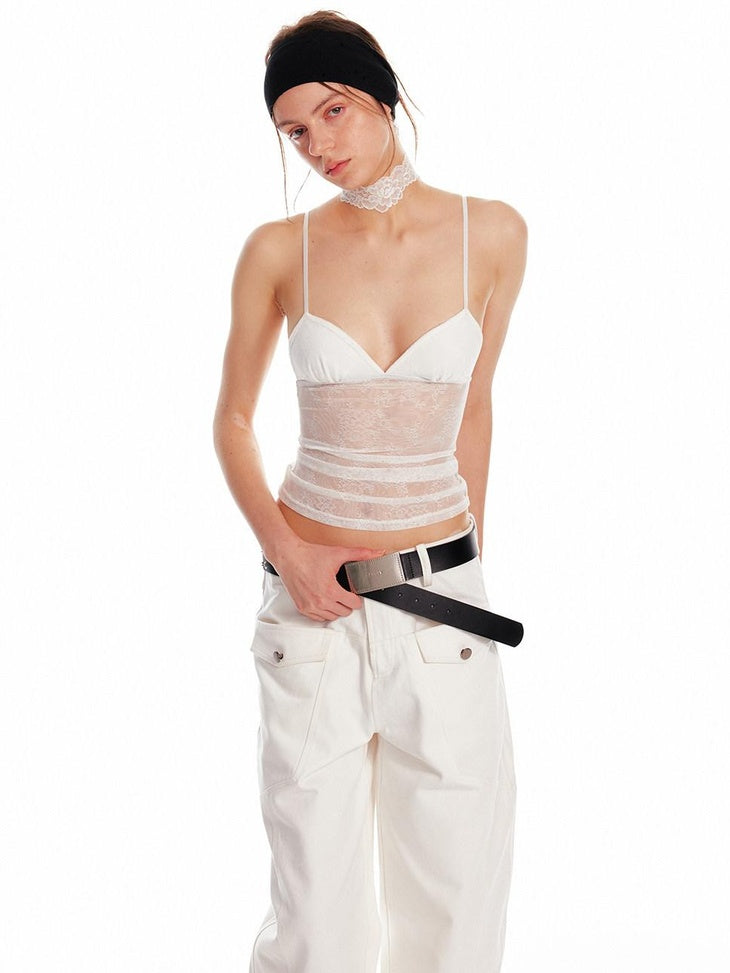 ALINNVSTUDIO Lace Slim Fit Spaghetti Strap Short Solid Color Women Camisoles