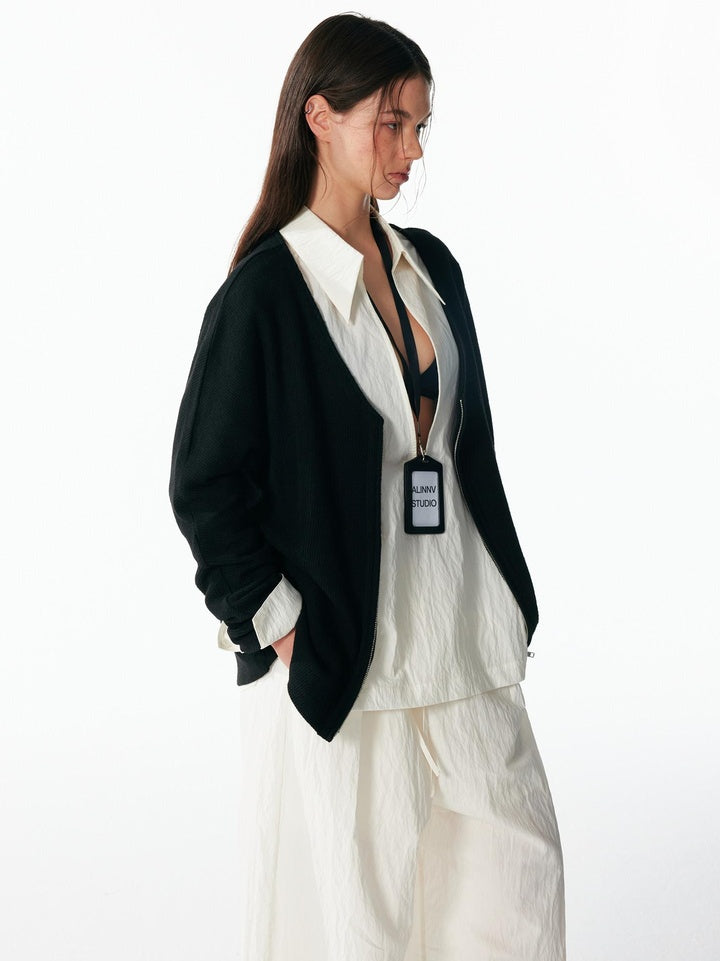 ALINNVSTUDIO Non Deforming Vintage Zip Regular Fit Long Sleeve Women Knit Black Cardigans