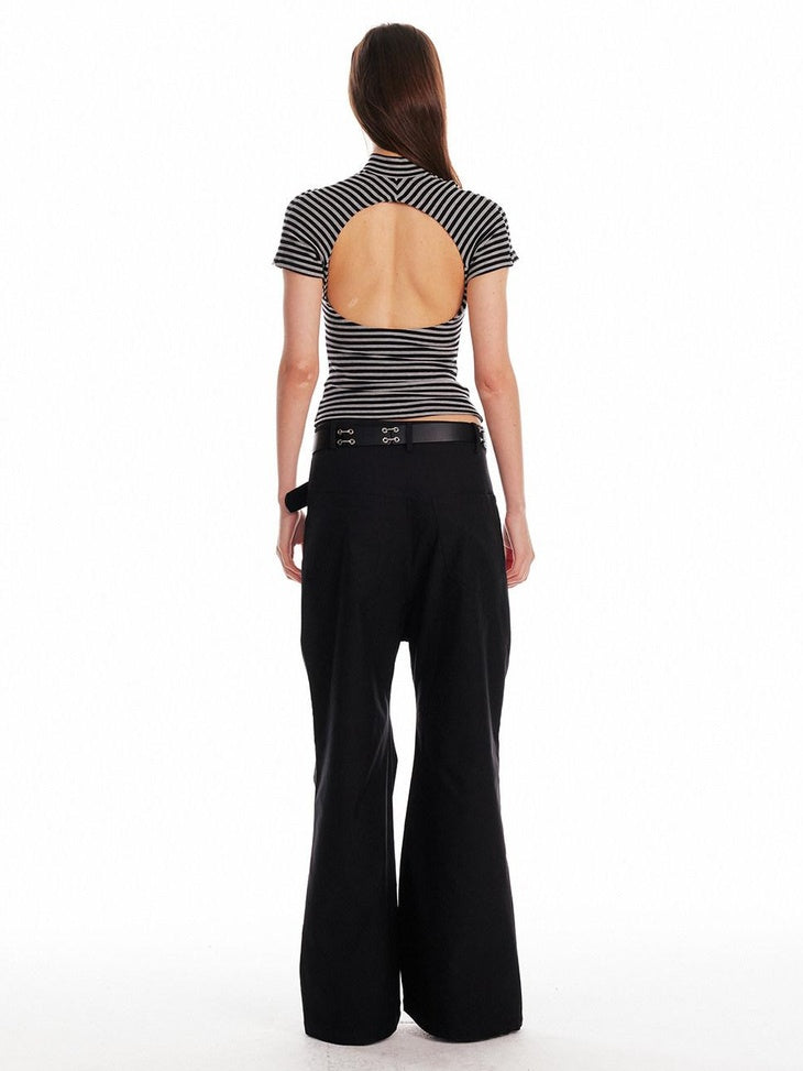 ALINNVSTUDIO Creative Patchwork Slim Fit Cropped Crewneck Striped Gray Short Sleeve T-Shirts