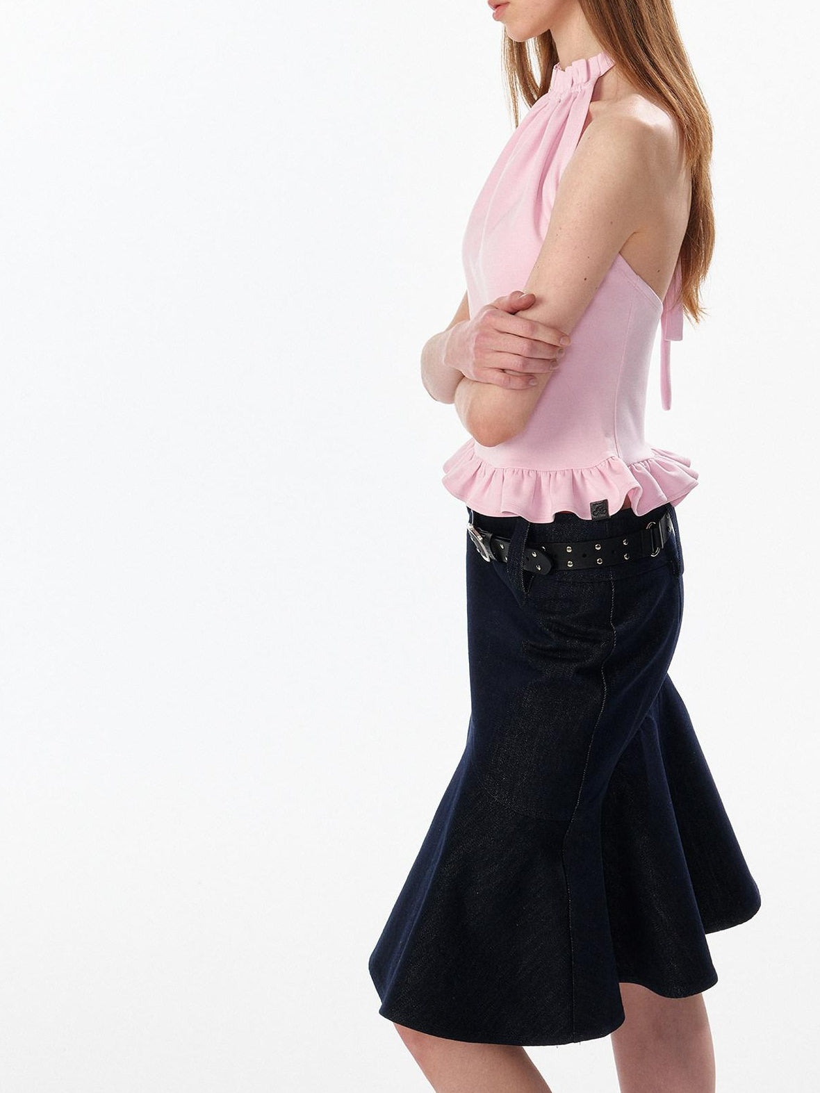 ALINNVSTUDIO Ruffle Trim Cropped Fitted Waist Halter Mock Neck Women Modal Blend Tank Tops