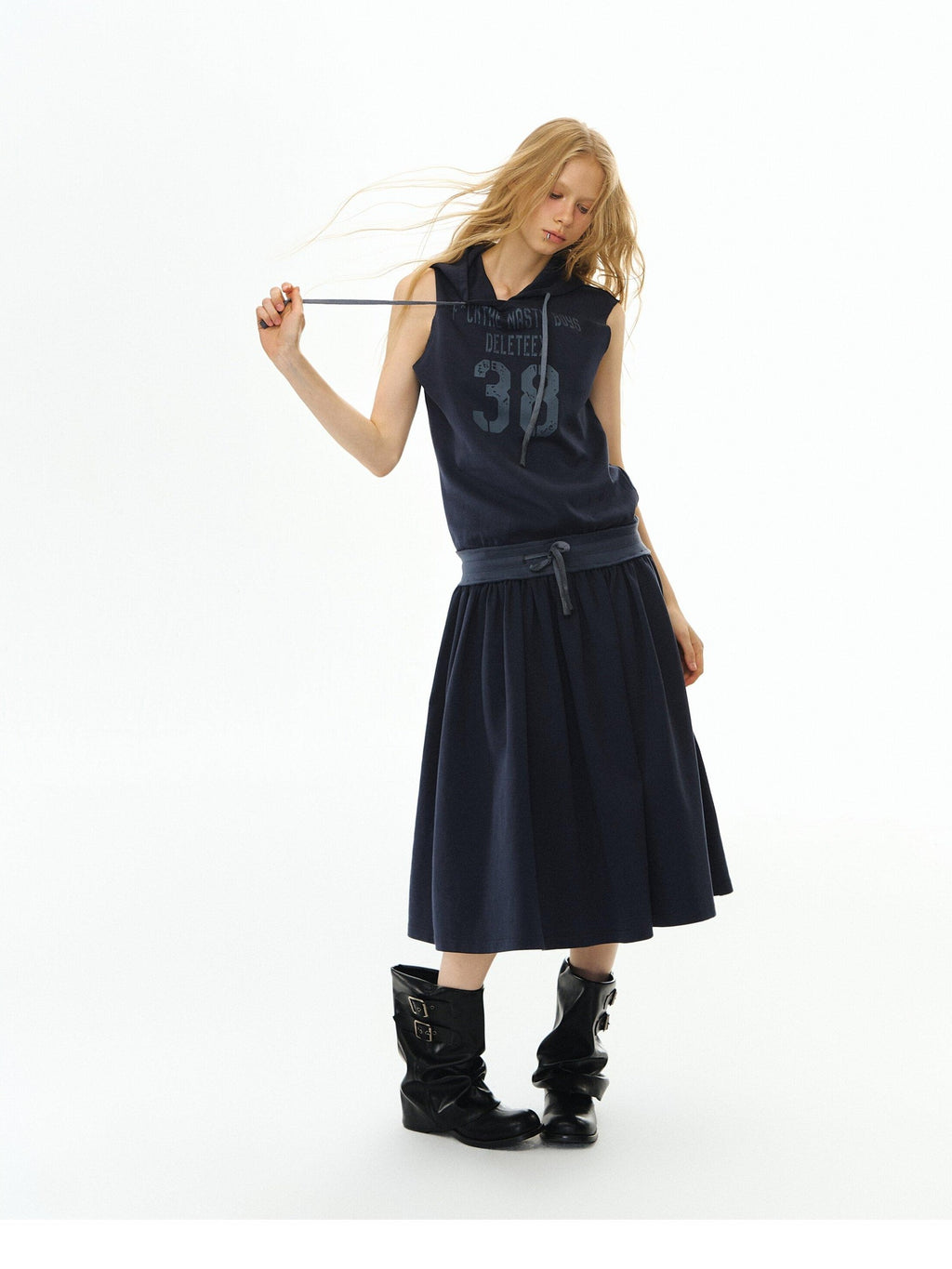 DeleteEx Soft Cotton Blend Elastic Waist Insta Sleeveless Printed Vest Navy Midi Dresses