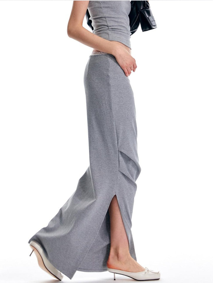 ALINNVSTUDIO Lace Knit Mid Waist Bodycon Slim Fit Youthful Black Grey Maxi Skirts