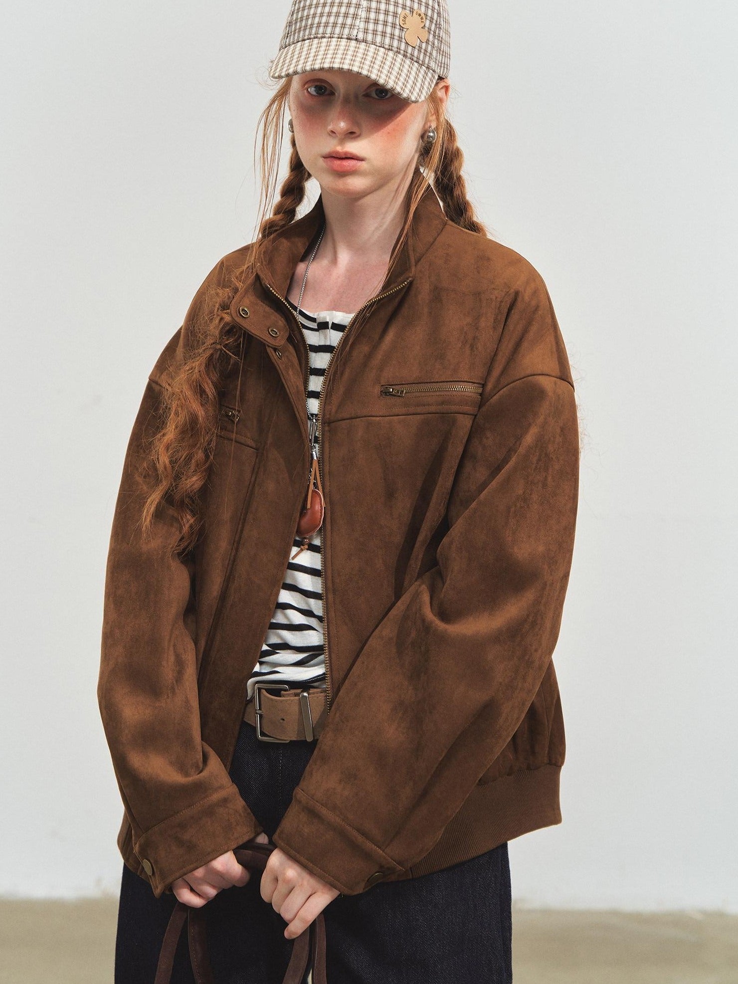 SOMESOWE Pocketed Loose Fit Streetwear Stand Collar Zipper Youth Brown Leather Jackets