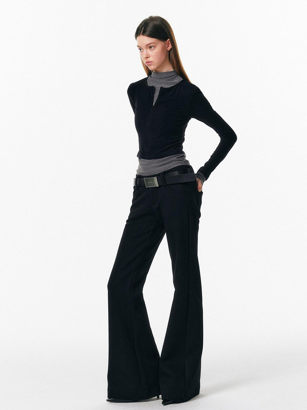 ALINNVSTUDIO Soft Zipper Slim Fit Short Collar Office Ladies Contrast Long Sleeve T-Shirts