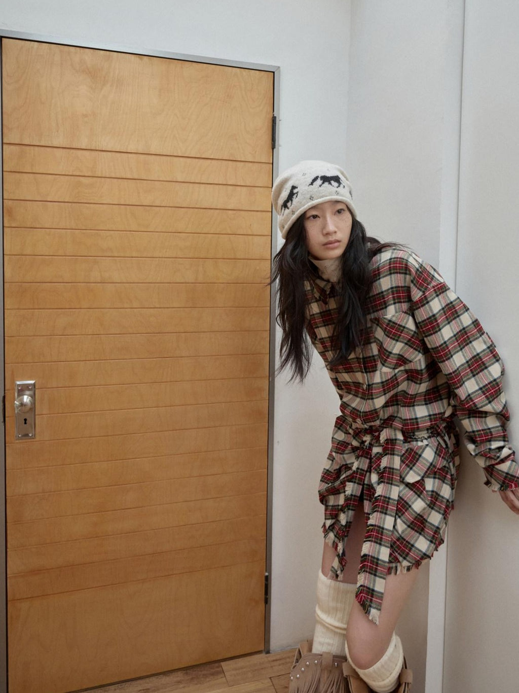 1JINN STUDIO Cotton Plaid Workwear Loose Straight Fit Long Sleeve Casual Women Mini Dresses