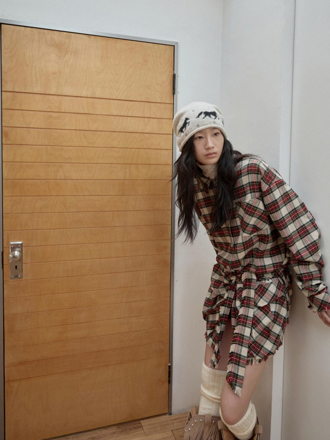 1JINN STUDIO Cotton Plaid Workwear Loose Straight Fit Long Sleeve Casual Women Mini Dresses