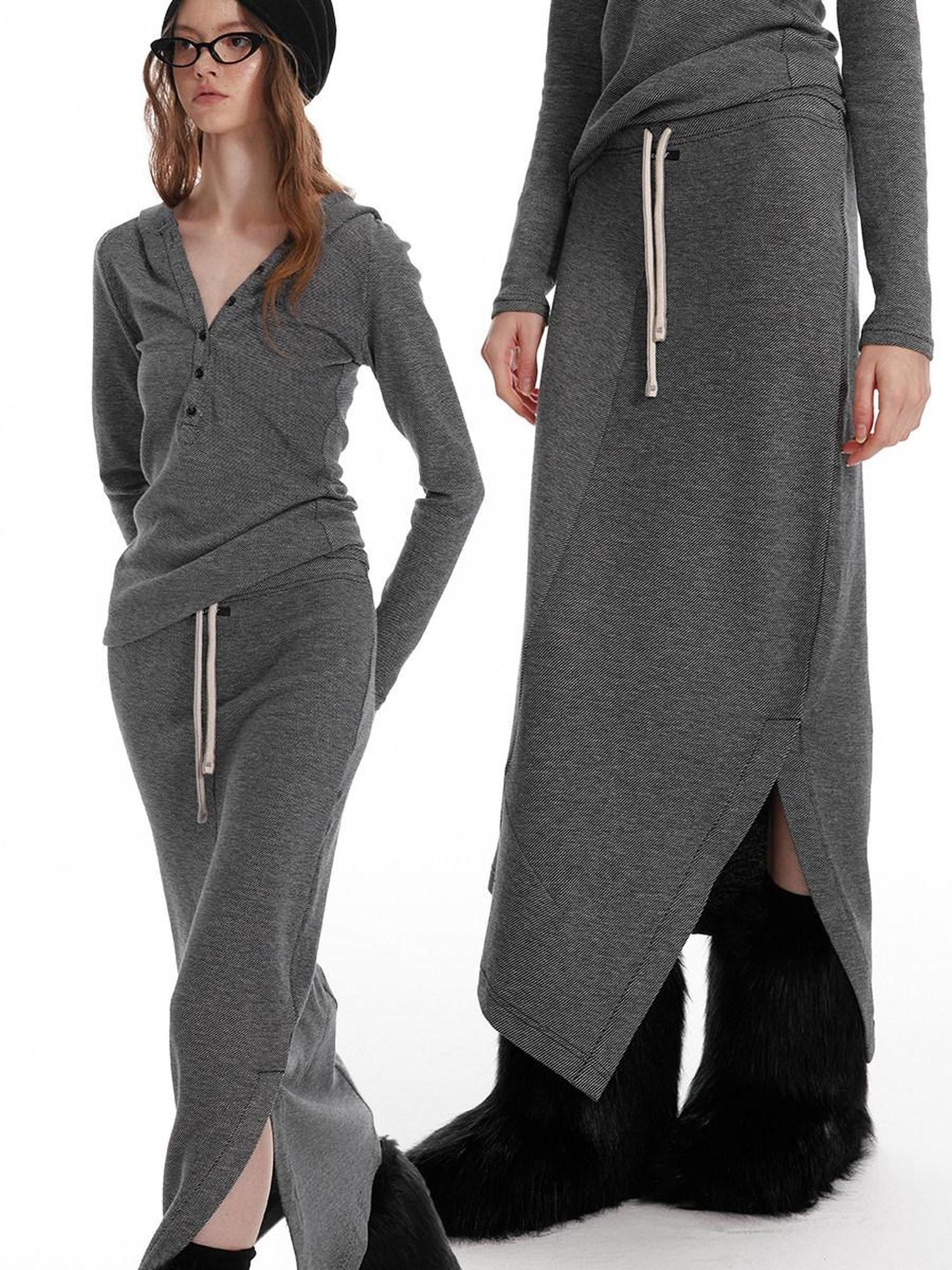 ALINNVSTUDIO Cozy Hooded Long Sleeve Button Front Curved Hem Youth Gray Top & Skirt Sets