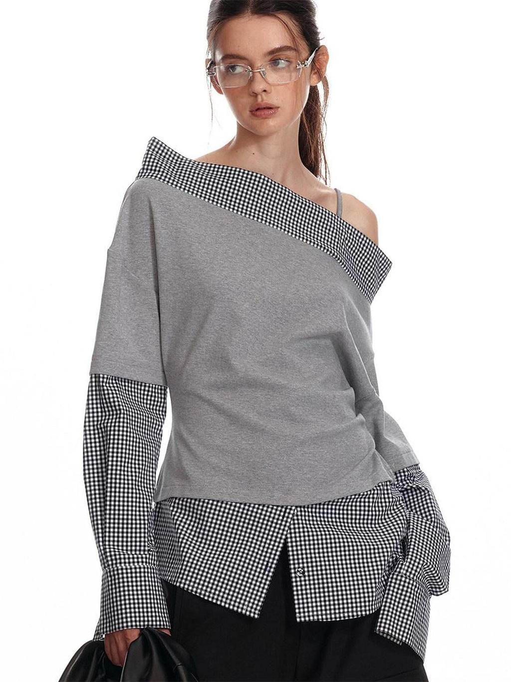 ALINNVSTUDIO Original Loose Slant Collar Cotton Stretch Pullover Women Long Sleeve T-Shirts