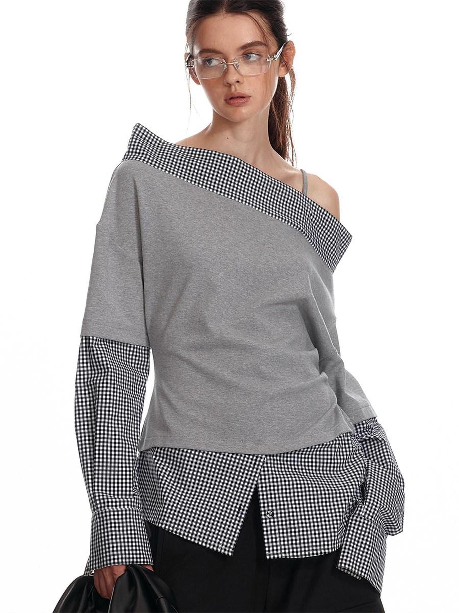 ALINNVSTUDIO Original Loose Slant Collar Cotton Stretch Pullover Women Long Sleeve T-Shirts